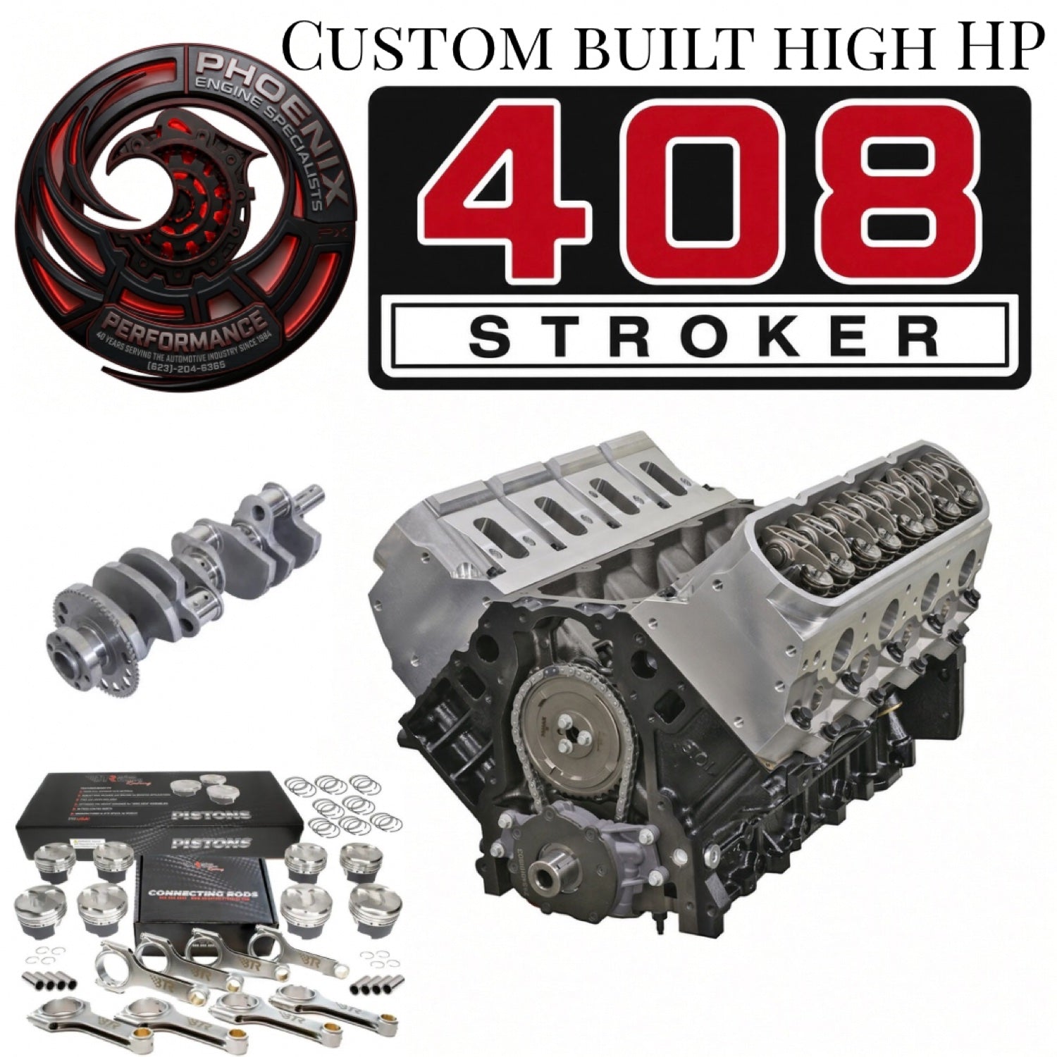 GM 6.0L LS 408 stroker remanufactured engine - three-quarter front view - Phoenix Engine Specialists