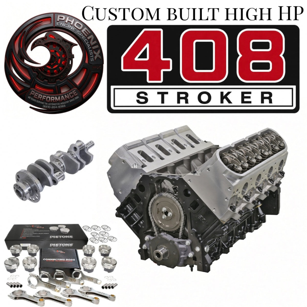 GM 6.0L LS 408 stroker remanufactured engine - three-quarter front view - Phoenix Engine Specialists