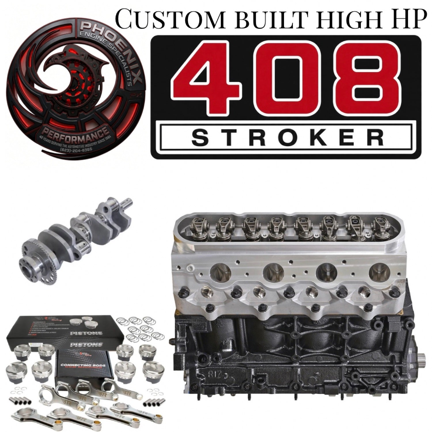 GM 6.0L LS 408 stroker remanufactured engine - side view - Phoenix Engine Specialists