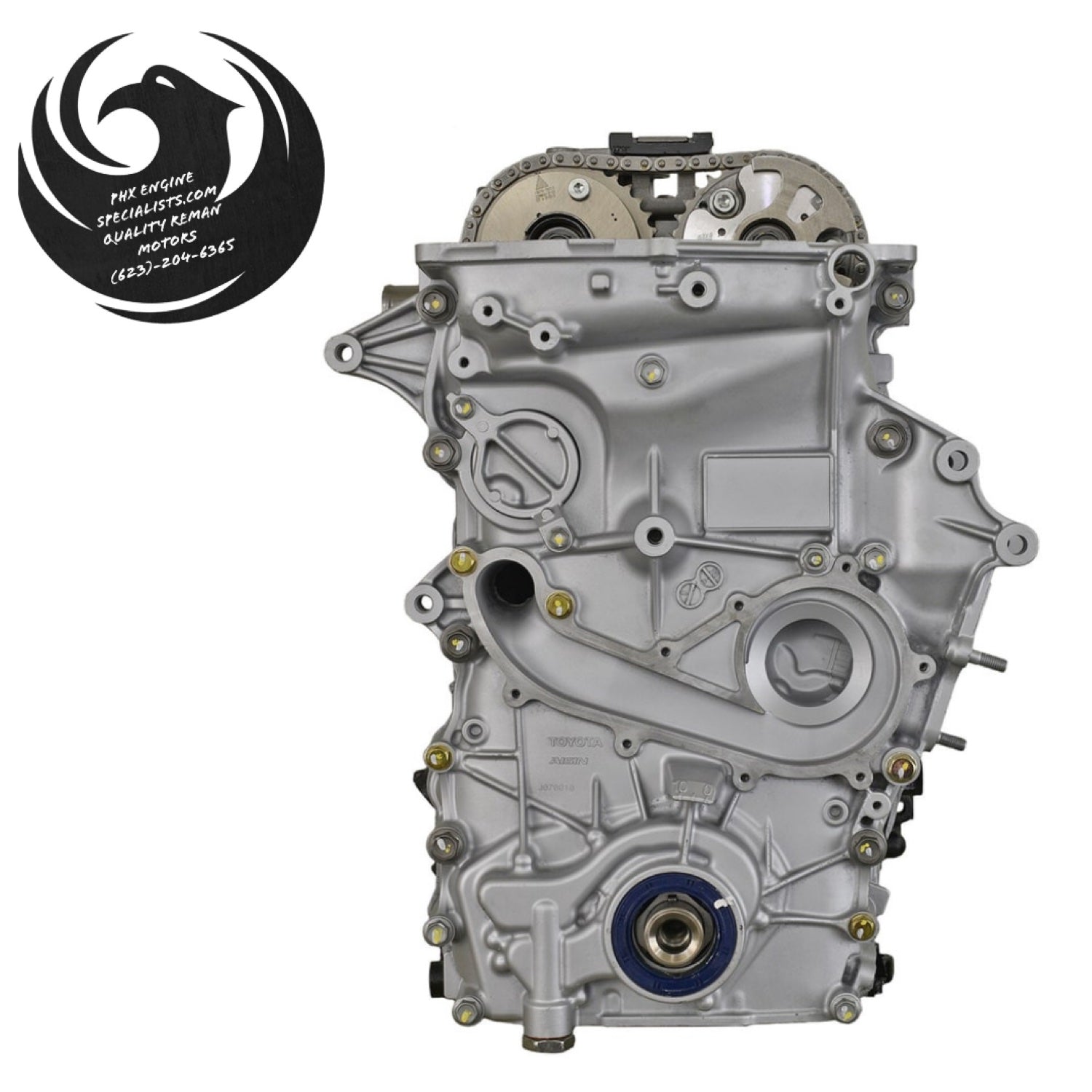 Toyota 2.7L 2TR-FE dual VVT-i remanufactured engine (2016-2023 Tacoma), front view showing cam phasers on both camshafts