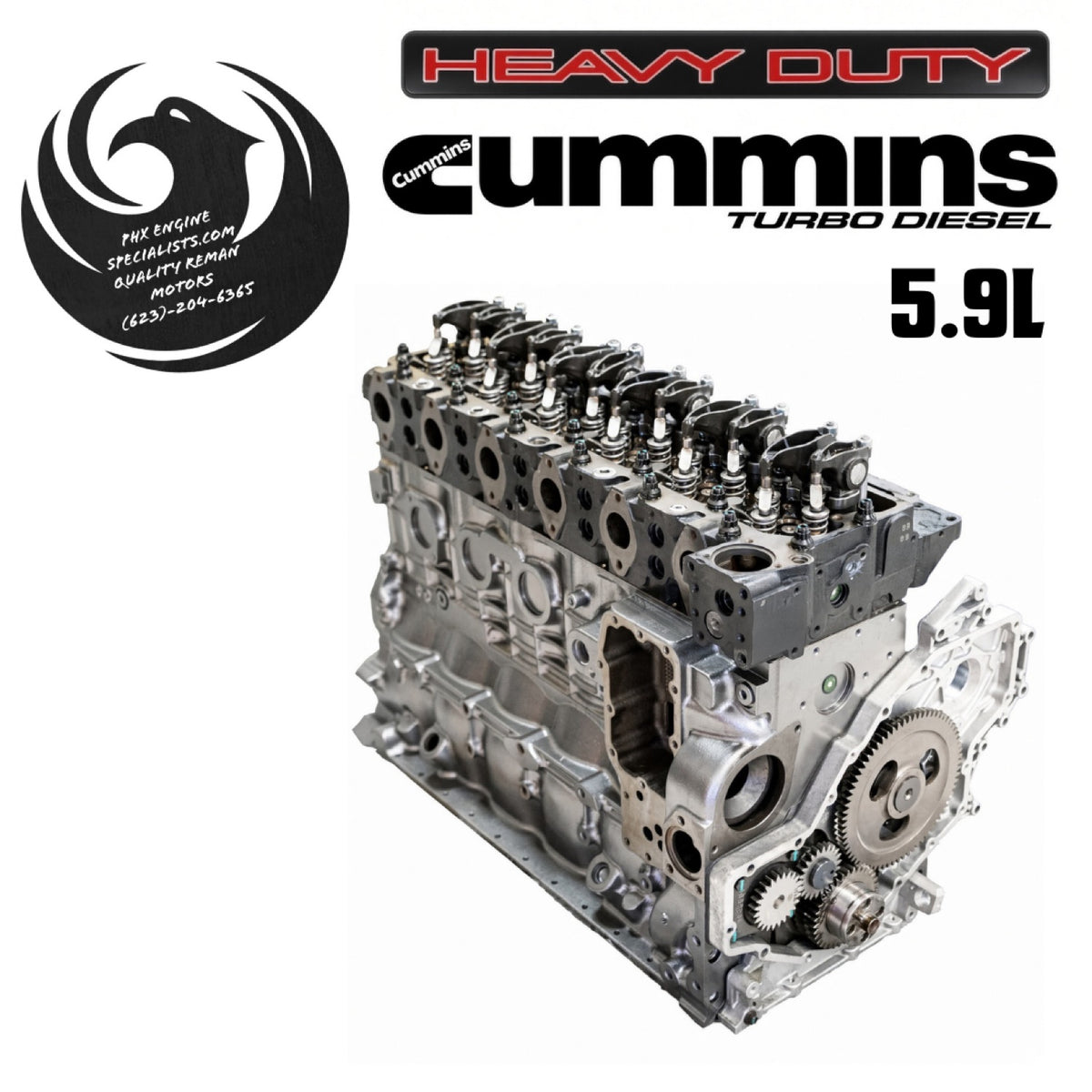 Remanufactured 5.9L Cummins common rail long block - front 3/4 view