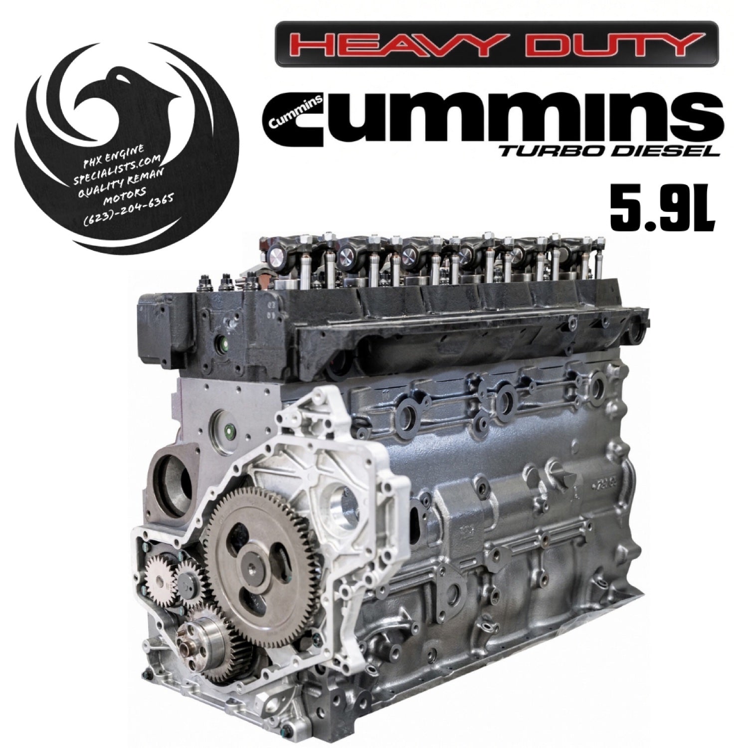 Remanufactured 5.9L Cummins common rail long block - side view