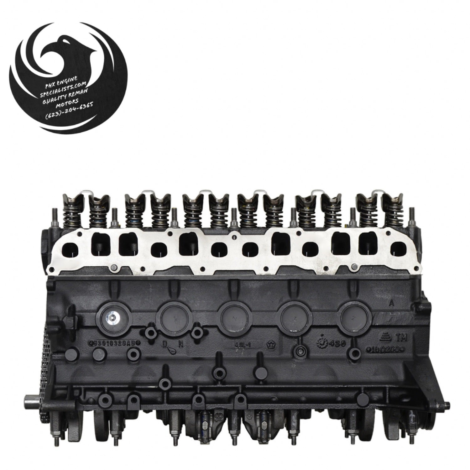 Jeep 4.0L inline-6 remanufactured engine - exhaust side view - Phoenix Engine Specialists
