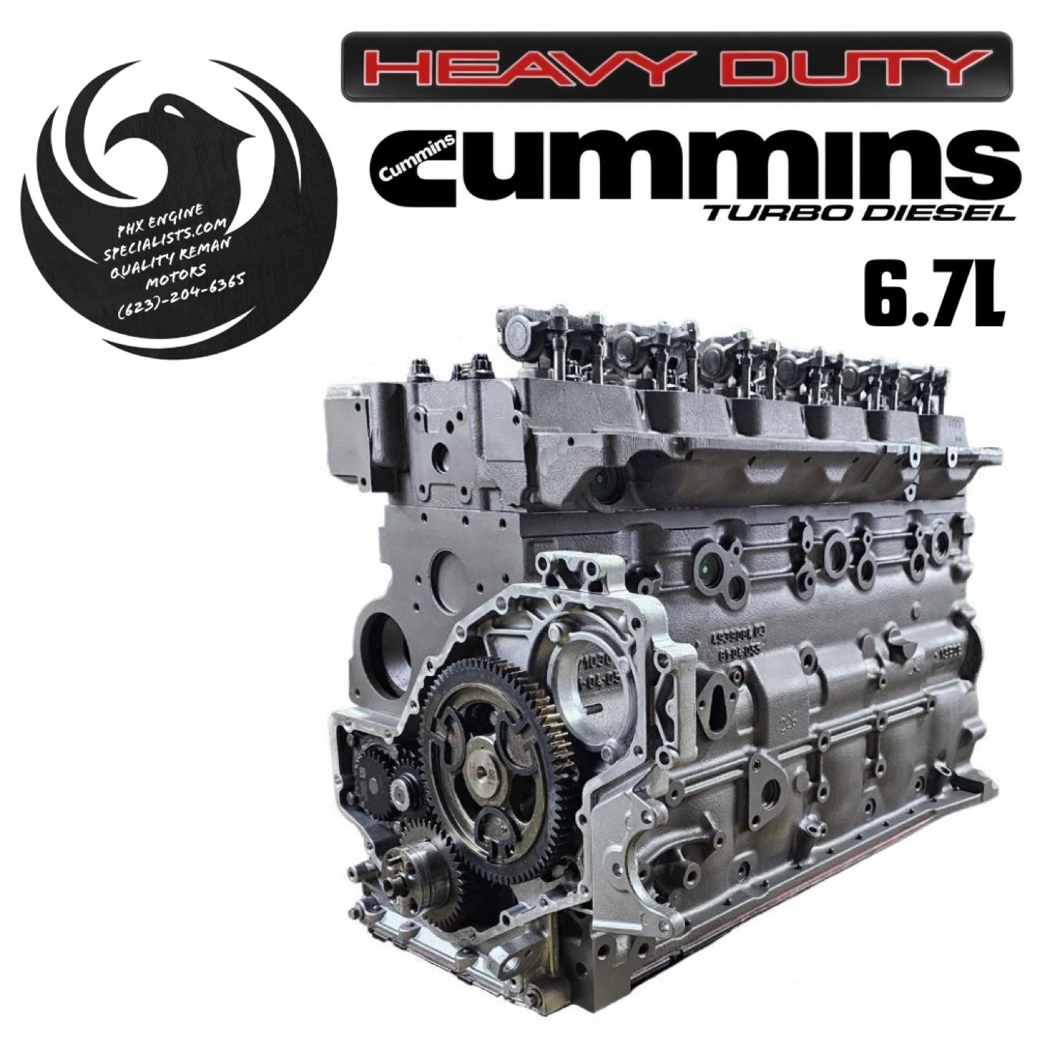 Remanufactured 6.7L Cummins long block - front 3/4 view