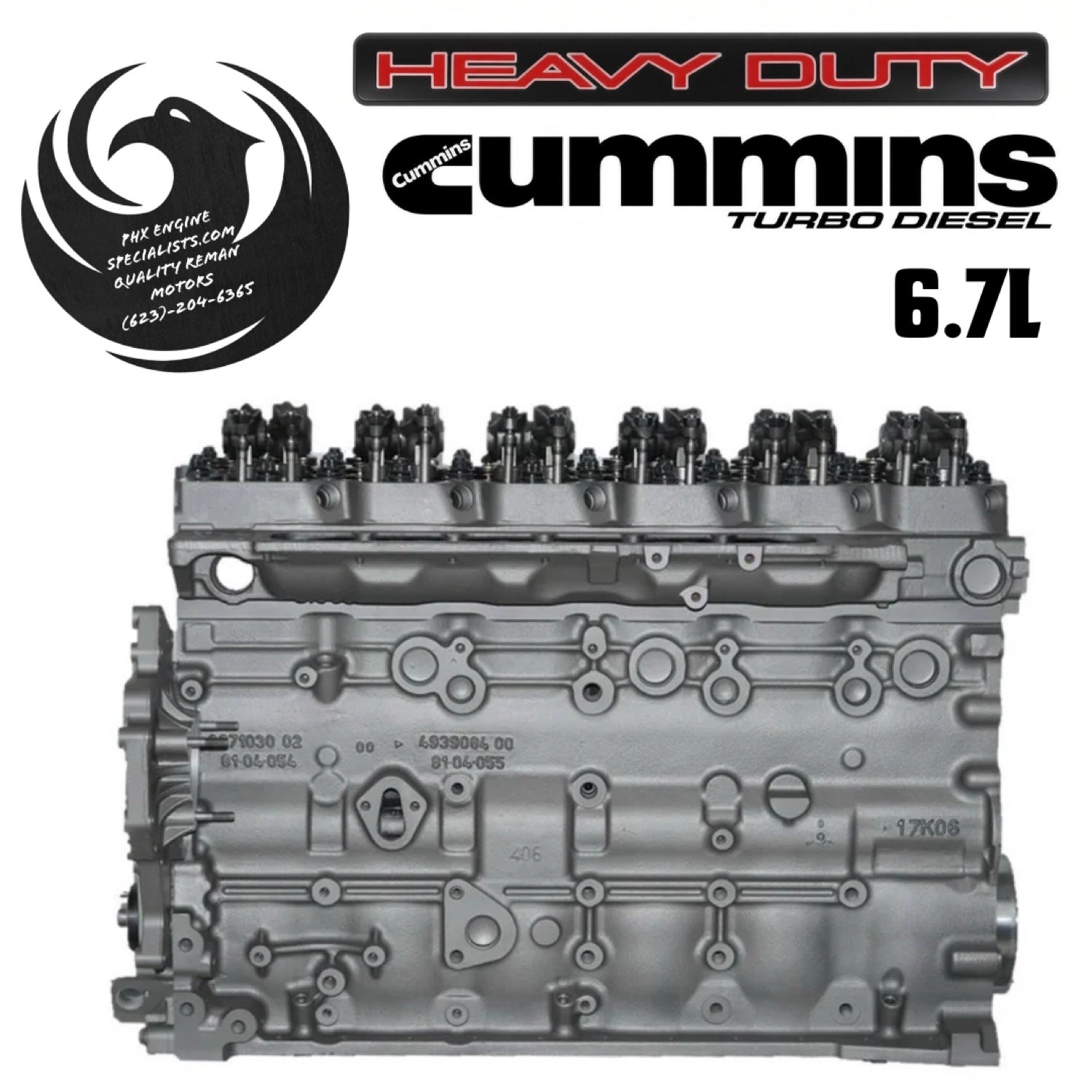 Remanufactured 6.7L Cummins long block - opposite side view