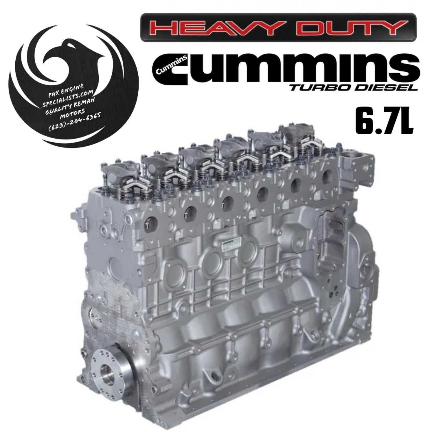 Remanufactured 6.7L Cummins long block - rear 3/4 view