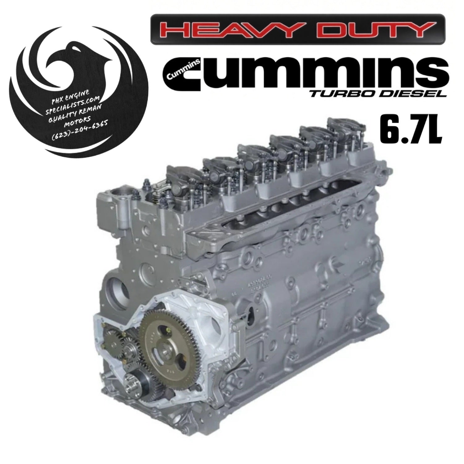 Remanufactured 6.7L Cummins long block - front 3/4 view, opposite angle