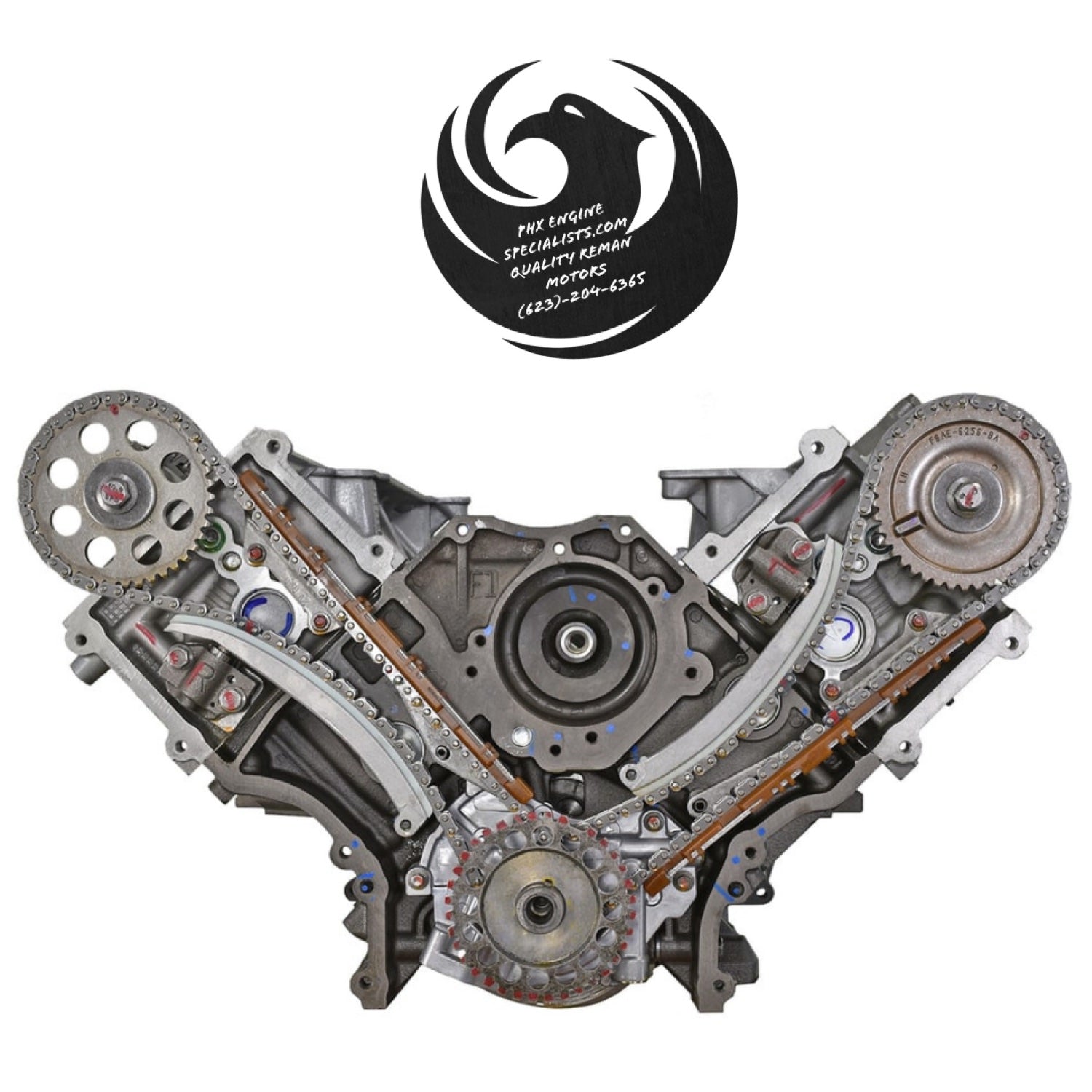 Ford 4.6L 2-valve Romeo remanufactured long block – front timing view