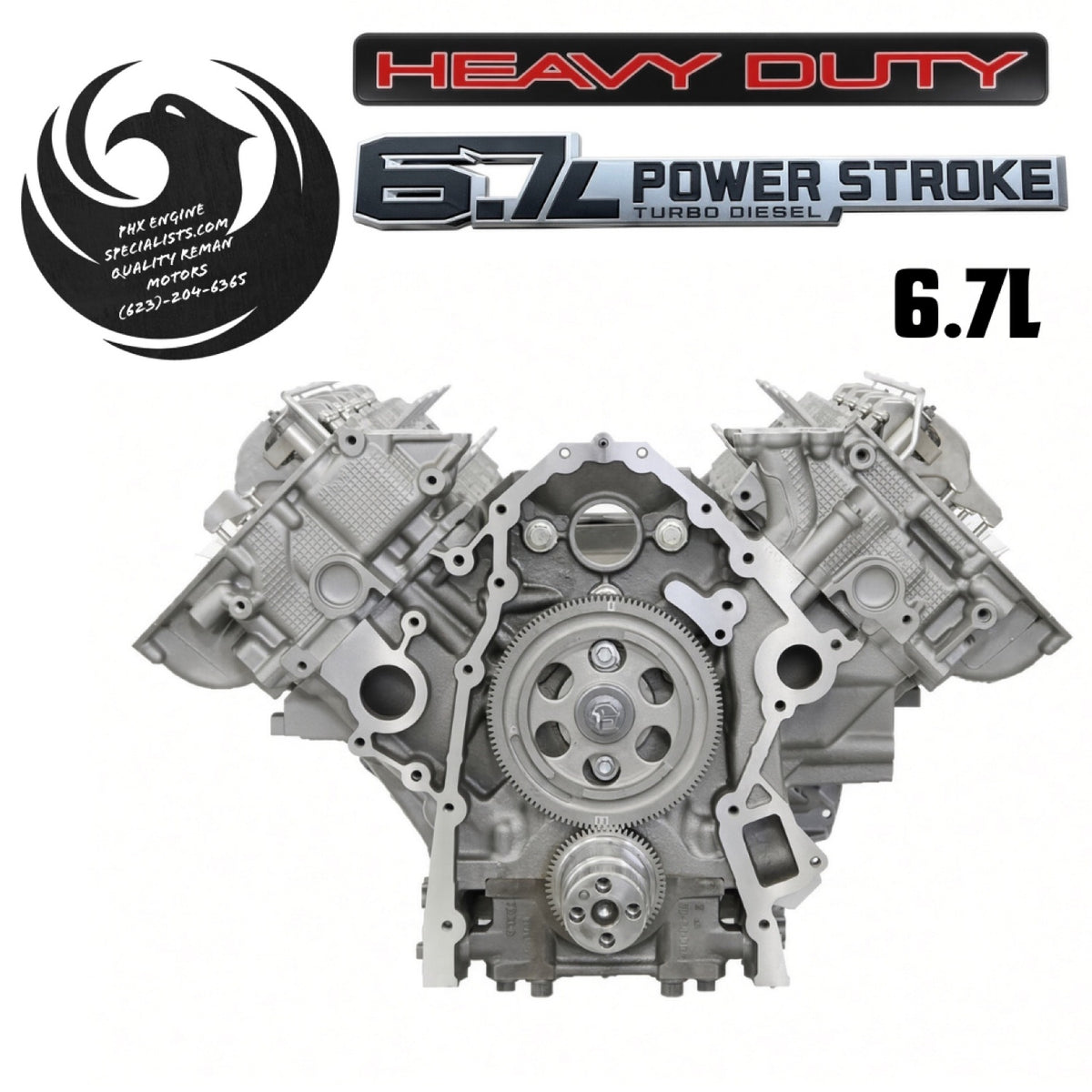 Remanufactured Ford 6.7L Power Stroke diesel long block, front view - Phoenix Engine Specialists